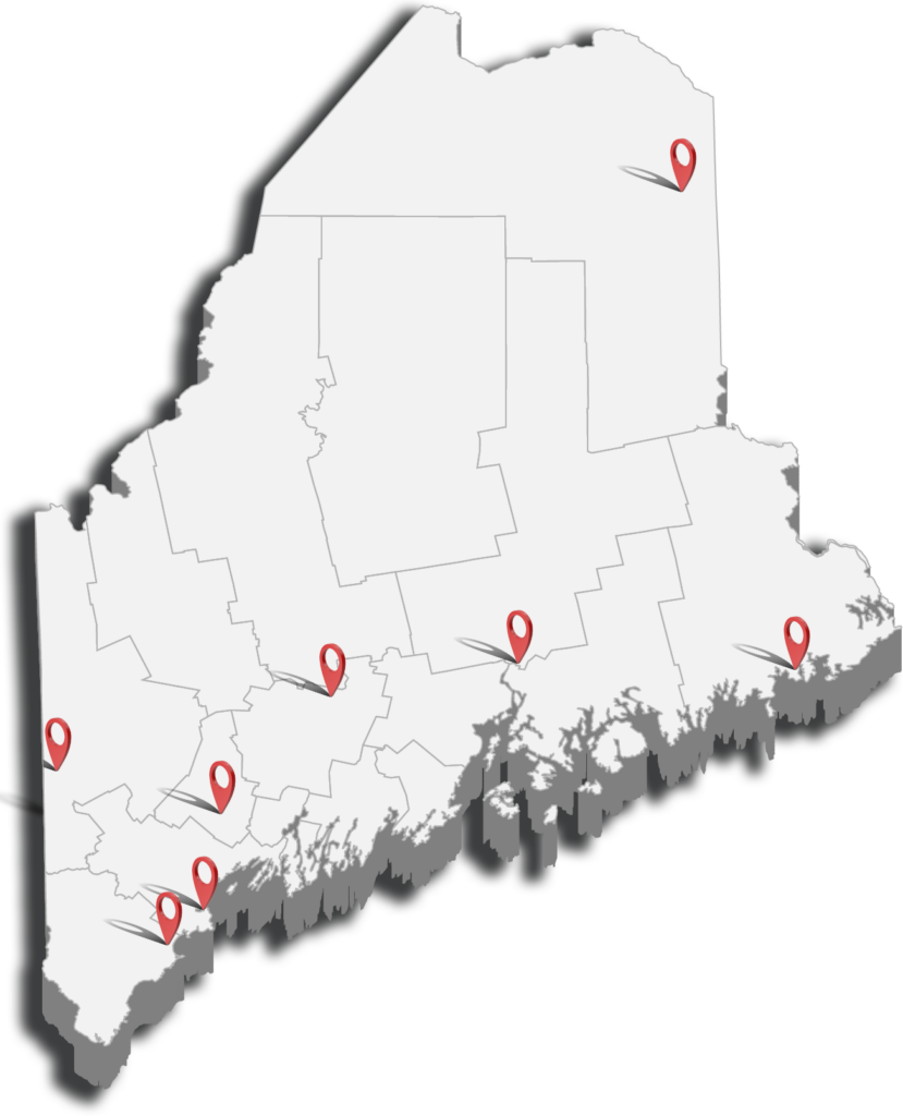 Extruded 3D map with pins marking the various offices Haley Ward maintains a presence in the state of Maine.