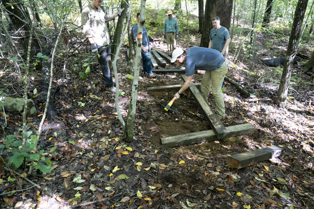 Images of Haley Ward employee-owners and their efforts to expand the trail system at Bauneg Beg Mountain Conservation Area.